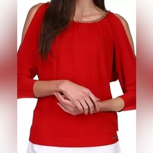 Michael Kors Coral Cold Shoulder Blouse with Gold Chain Detail NWOT